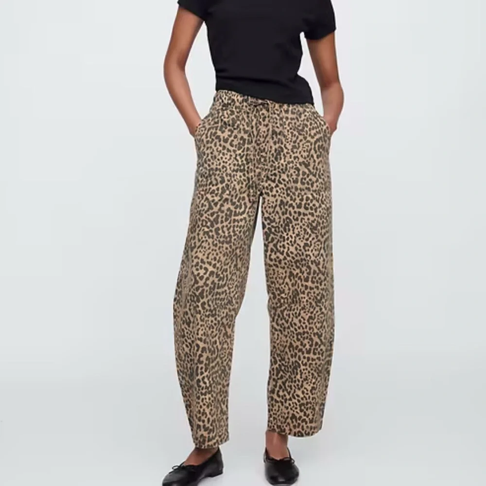 GAP Leopard Print Wide Leg Pants Tan Black barrel parachute leg 2 petite western - Picture 3 of 16